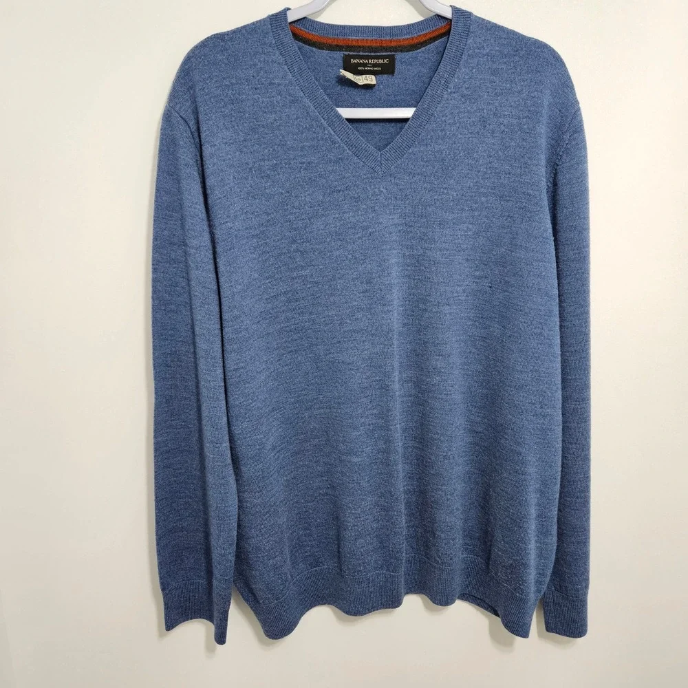 Banana Republic Mens 100% Merino Wool Sweater V-Neck Grandpa Knit XXL Blue